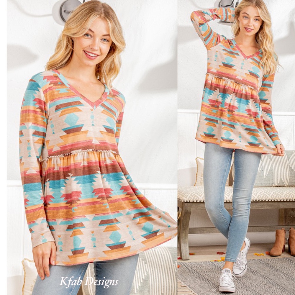 ❤️LAST 2! V Neck Ruffle Detail Aztec Print Top! - Picture 3 of 11